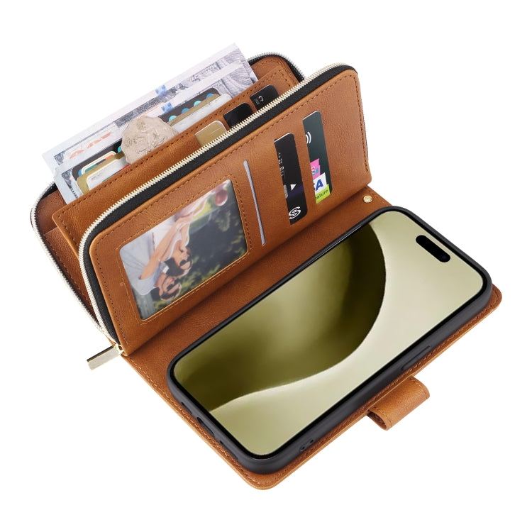 For iPhone 16 Pro 9 Card Slots Zipper Wallet Bag Leather Phone Case(Brown) by buy2fix