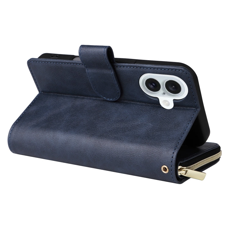 For iPhone 16 Plus 9 Card Slots Zipper Wallet Bag Leather Phone Case(Blue) by buy2fix