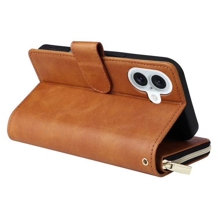 For iPhone 16 Plus 9 Card Slots Zipper Wallet Bag Leather Phone Case(Brown) by buy2fix