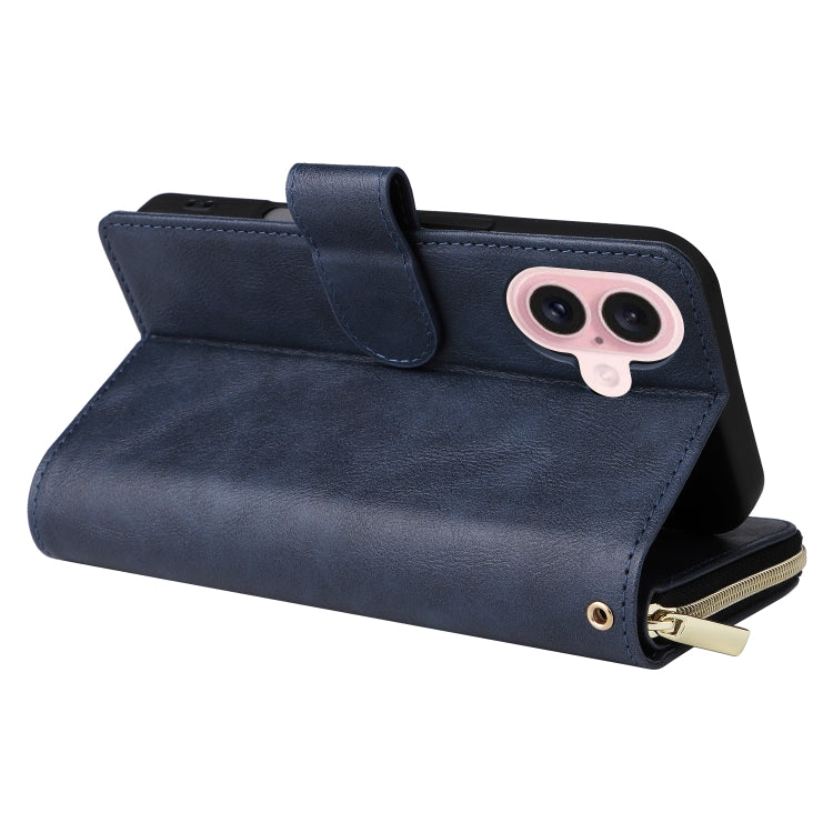 For iPhone 16 9 Card Slots Zipper Wallet Bag Leather Phone Case(Blue) by buy2fix