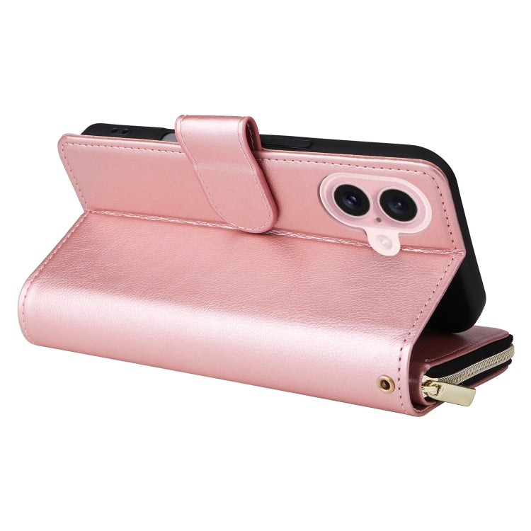 For iPhone 16 9 Card Slots Zipper Wallet Bag Leather Phone Case(Rose Gold) by buy2fix