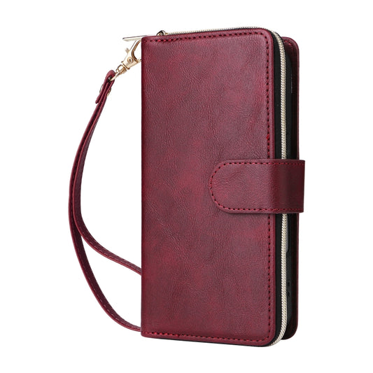 For iPhone 16 9 Card Slots Zipper Wallet Bag Leather Phone Case(Wine Red) by buy2fix