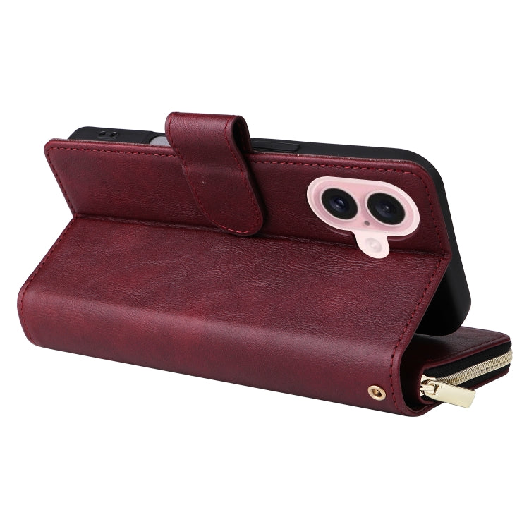 For iPhone 16 9 Card Slots Zipper Wallet Bag Leather Phone Case(Wine Red) by buy2fix
