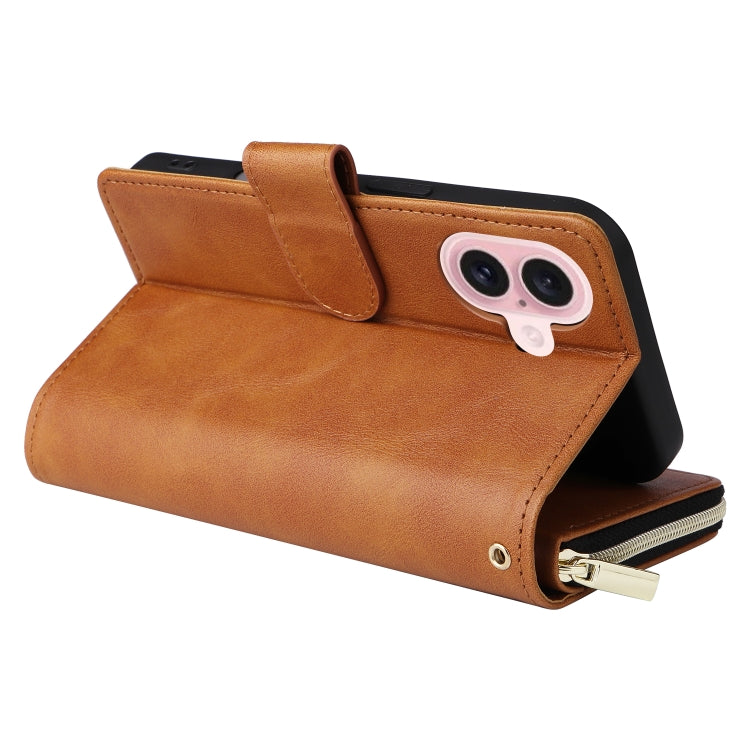 For iPhone 16 9 Card Slots Zipper Wallet Bag Leather Phone Case(Brown) by buy2fix