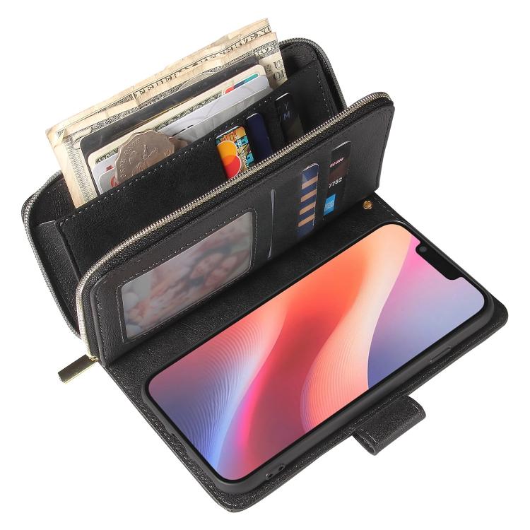 For iPhone 16e 9 Card Slots Zipper Wallet Bag Leather Phone Case(Black) - iPhone 16e Cases by buy2fix | Online Shopping UK | buy2fix