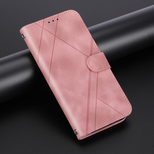For iPhone 16 Embossed Line Leather Phone Case with Lanyard(Pink) by buy2fix
