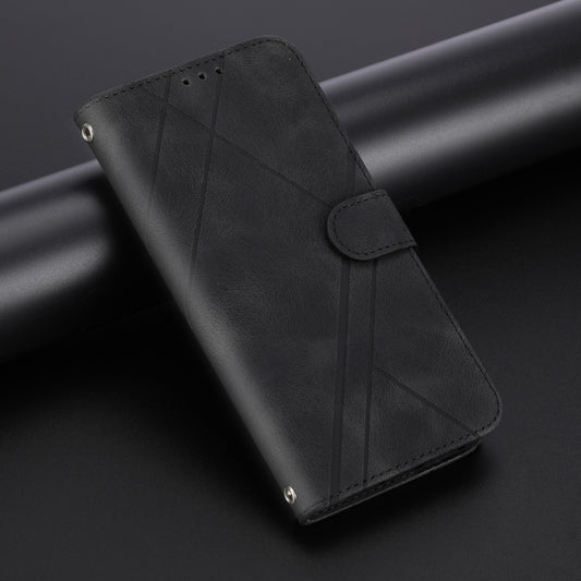 For iPhone 16 Embossed Line Leather Phone Case with Lanyard(Black) by buy2fix