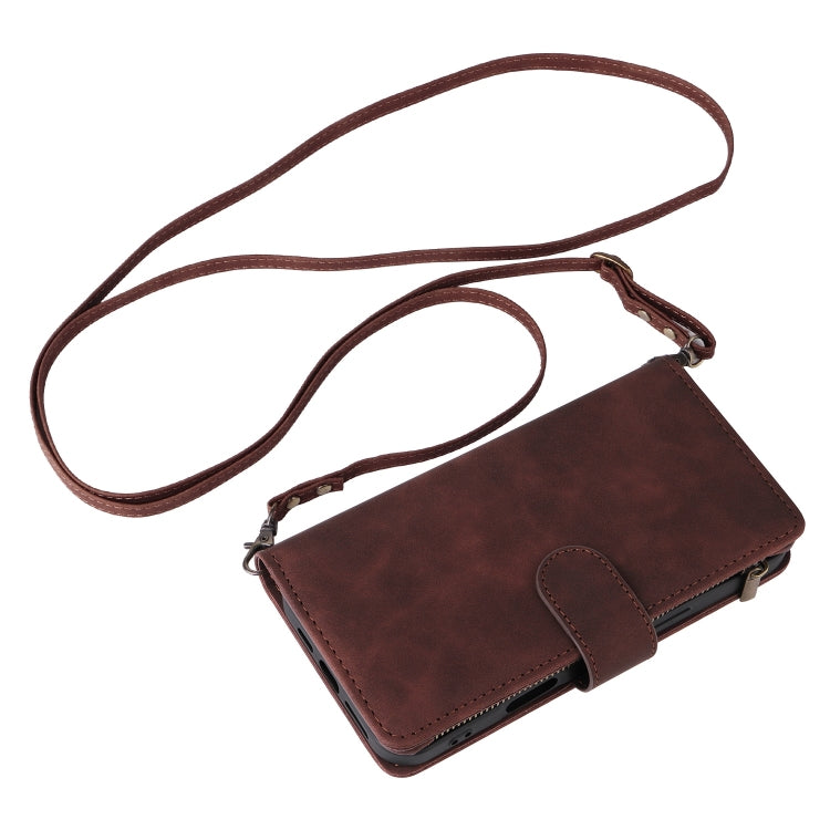 For iPhone 16 Crossbody Multi-card Slot Wallet Zipper Leather Phone Case(Coffee) by buy2fix