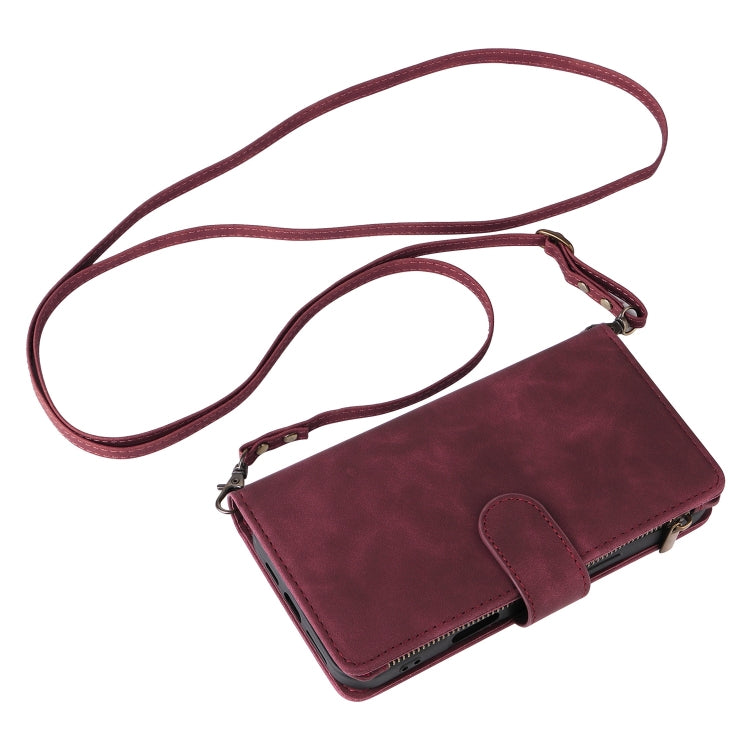 For iPhone 16 Plus Crossbody Multi-card Slot Wallet Zipper Leather Phone Case(Wine Red) by buy2fix