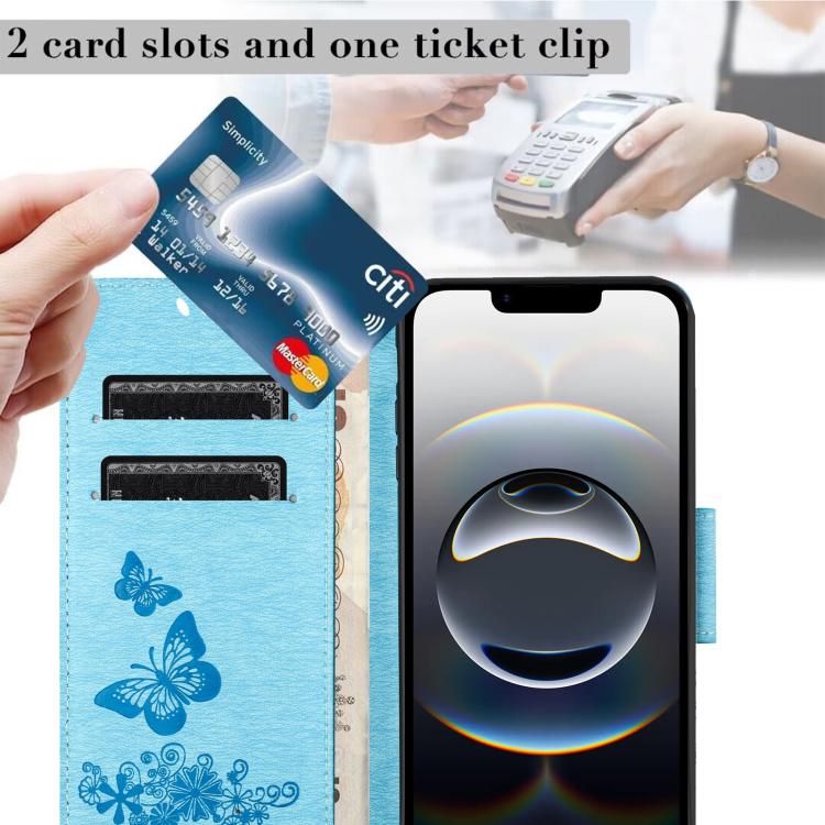 For iPhone 16e Butterfly Embossed Flip Leather Phone Case(Blue) - iPhone 16e Cases by buy2fix | Online Shopping UK | buy2fix