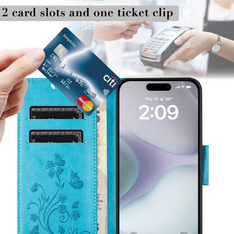 For iPhone 16 Plus Butterfly Flower Pattern Flip Leather Phone Case(Blue) by buy2fix