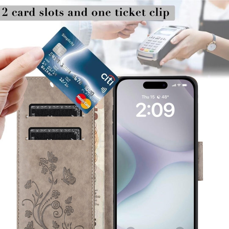 For iPhone 16 Plus Butterfly Flower Pattern Flip Leather Phone Case(Grey) by buy2fix