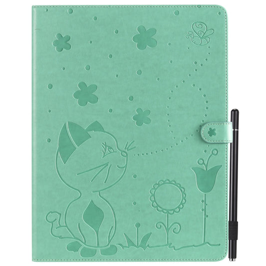 For iPad Pro 12.9 (2020) & (2018) Cat Bee Embossing Pattern Horizontal Flip Leather Tablet Case with Holder & Card Slots & Wallet & Pen Slot(Green) - iPad Pro 12.9 (2020) Cases by buy2fix | Online Shopping UK | buy2fix