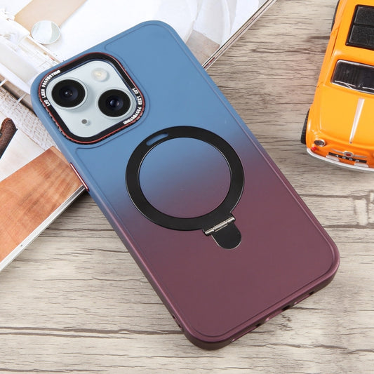For iPhone 15 Gradient MagSafe Holder Liquid TPU Hybrid PC Phone Case(Blue Wine Red) by buy2fix