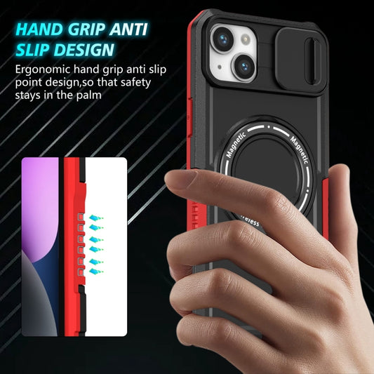 For iPhone 14 Sliding Camshield MagSafe Holder TPU Hybrid PC Phone Case(Black Red) by buy2fix