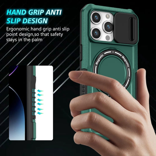 For iPhone 14 Pro Sliding Camshield MagSafe Holder TPU Hybrid PC Phone Case(Deep Green) by buy2fix