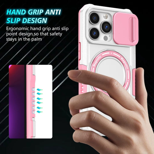 For iPhone 13 Pro Sliding Camshield MagSafe Holder TPU Hybrid PC Phone Case(Pink White) by buy2fix