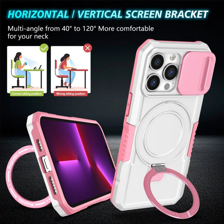 For iPhone 13 Pro Sliding Camshield MagSafe Holder TPU Hybrid PC Phone Case(Pink White) by buy2fix