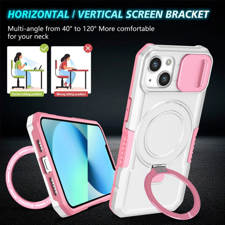 For iPhone 13 Sliding Camshield MagSafe Holder TPU Hybrid PC Phone Case(Pink White) by buy2fix