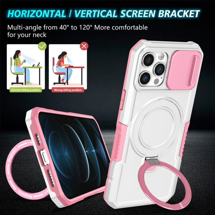 For iPhone 12 Pro Max Sliding Camshield MagSafe Holder TPU Hybrid PC Phone Case(Pink White) by buy2fix