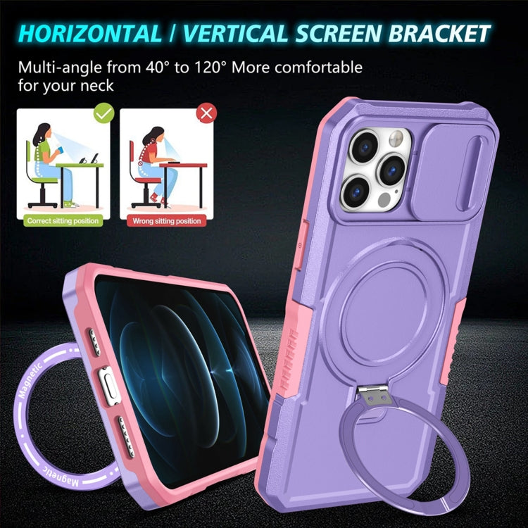 For iPhone 12 Pro Max Sliding Camshield MagSafe Holder TPU Hybrid PC Phone Case(Pink Purple) by buy2fix