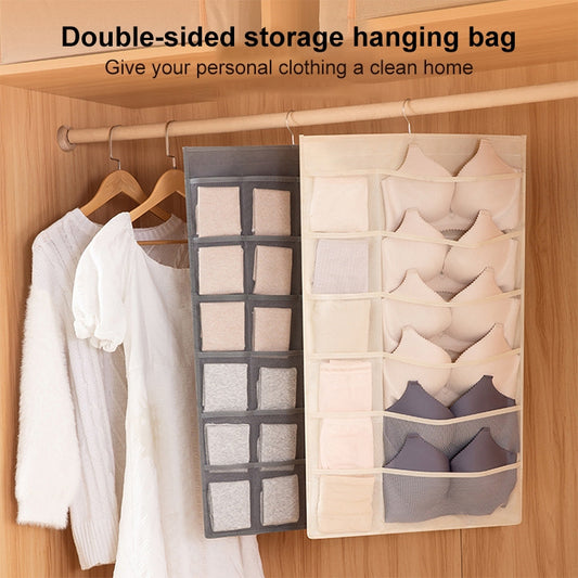 5+10 Grids Underwear Storage Bag Non-woven Double-sided Hanging Storage Bag(Beige) by buy2fix