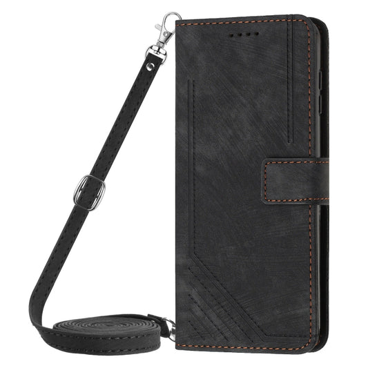 For Motorola Moto G Play 2024 Skin Feel Stripe Pattern Leather Phone Case with Lanyard(Black) by buy2fix