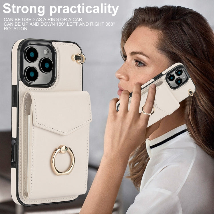 For iPhone 16 Pro Ring Holder RFID Card Slot Phone Case(Beige) by buy2fix