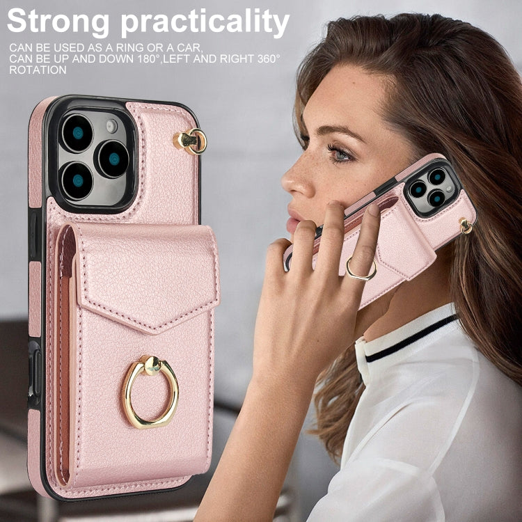 For iPhone 16 Pro Ring Holder RFID Card Slot Phone Case(Rose Gold) by buy2fix