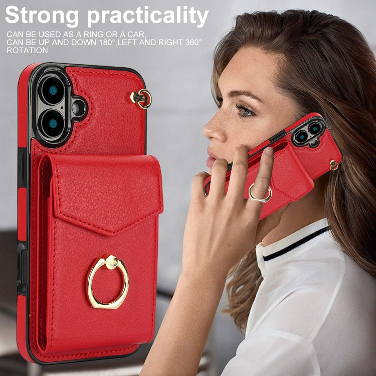 For iPhone 16 Plus Ring Holder RFID Card Slot Phone Case(Red) by buy2fix