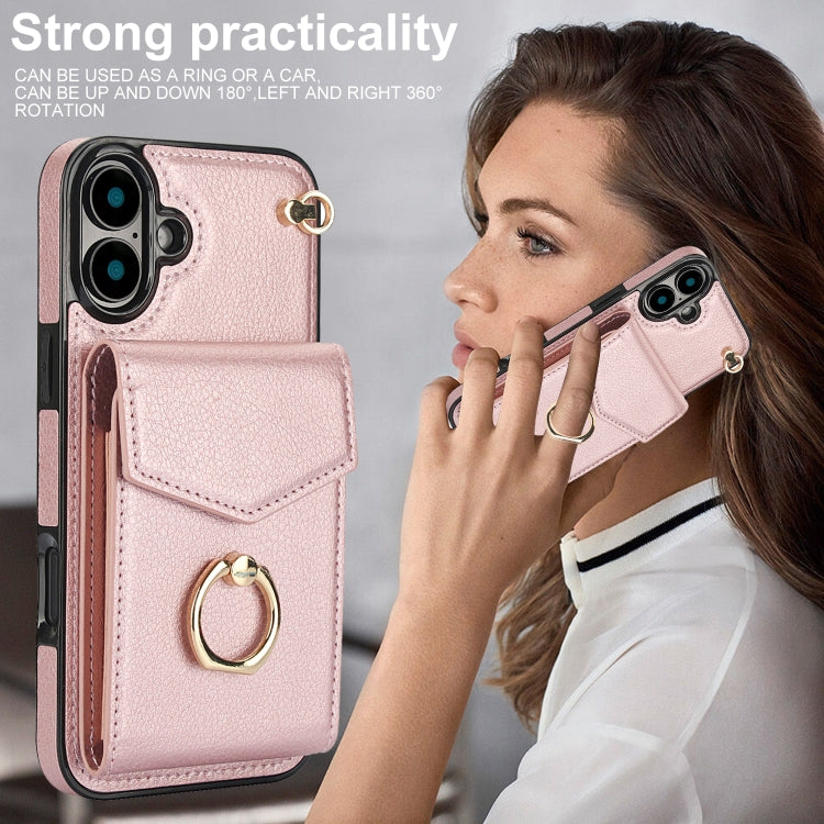 For iPhone 16 Plus Ring Holder RFID Card Slot Phone Case(Rose Gold) by buy2fix