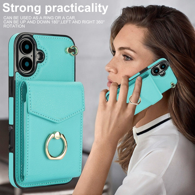 For iPhone 16 Plus Ring Holder RFID Card Slot Phone Case(Mint Green) by buy2fix