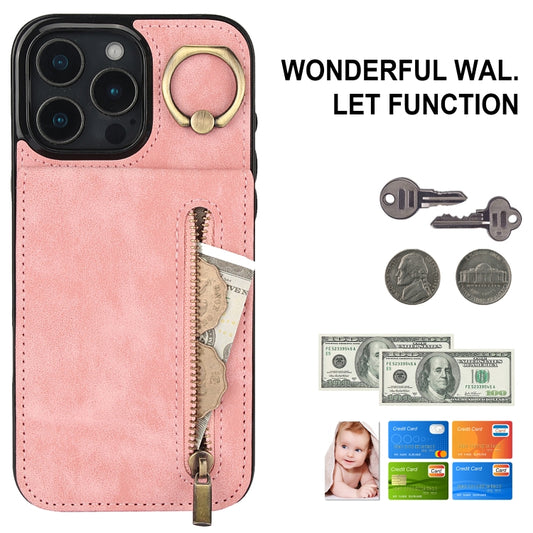 For iPhone 16 Pro Retro Ring and Zipper RFID Card Slot Phone Case(Pink) by buy2fix