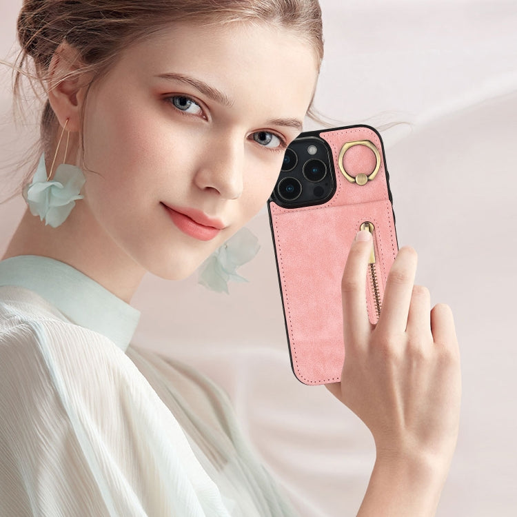 For iPhone 16 Pro Retro Ring and Zipper RFID Card Slot Phone Case(Pink) by buy2fix