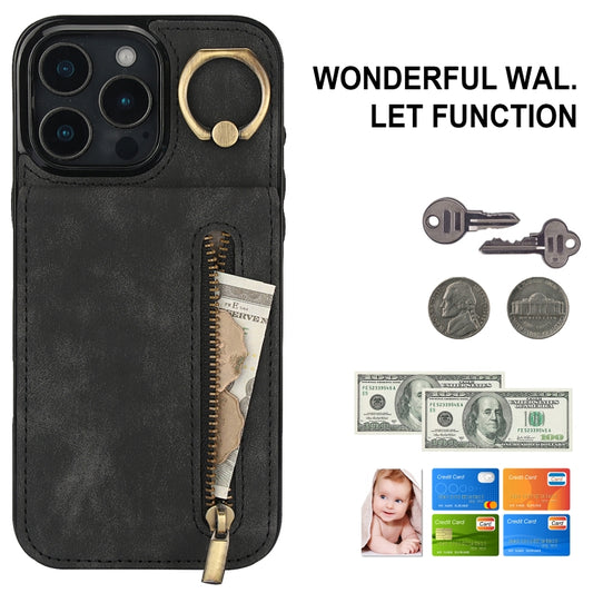 For iPhone 16 Pro Retro Ring and Zipper RFID Card Slot Phone Case(Black) by buy2fix