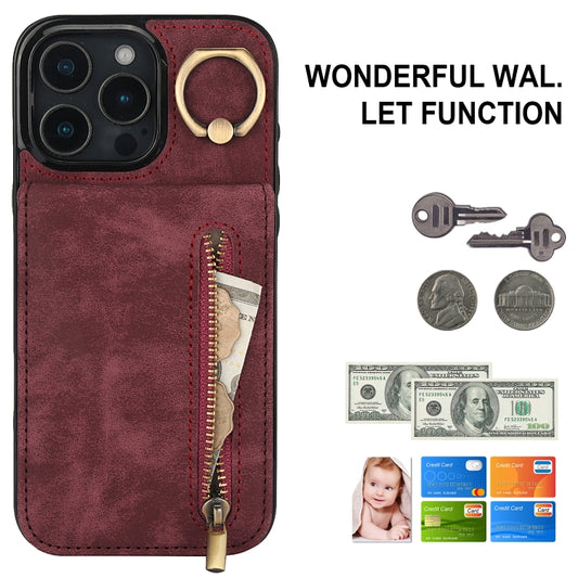 For iPhone 16 Pro Retro Ring and Zipper RFID Card Slot Phone Case(Wine Red) by buy2fix