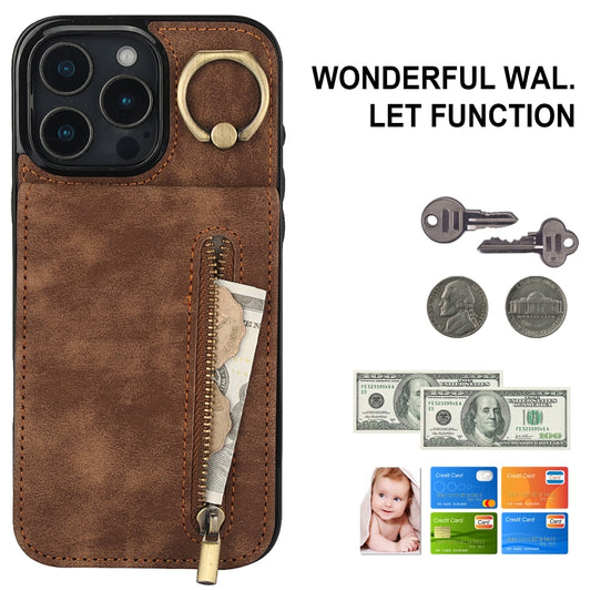 For iPhone 16 Pro Retro Ring and Zipper RFID Card Slot Phone Case(Brown) by buy2fix