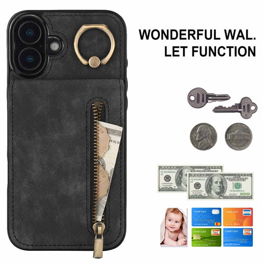 For iPhone 16 Plus Retro Ring and Zipper RFID Card Slot Phone Case(Black) by buy2fix