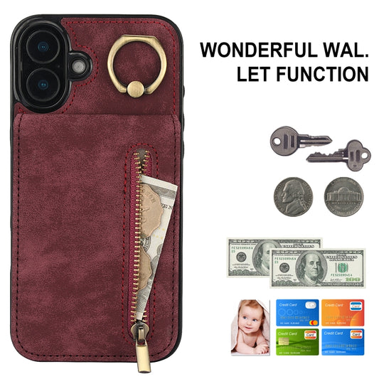 For iPhone 16 Plus Retro Ring and Zipper RFID Card Slot Phone Case(Wine Red) by buy2fix