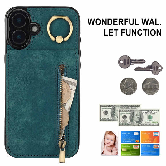 For iPhone 16 Plus Retro Ring and Zipper RFID Card Slot Phone Case(Blue) by buy2fix