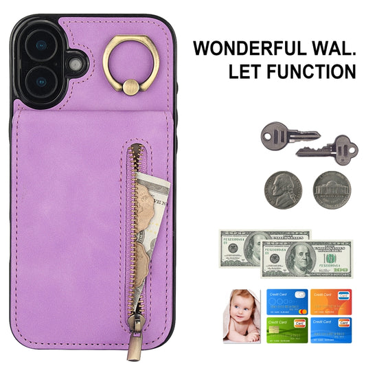 For iPhone 16 Plus Retro Ring and Zipper RFID Card Slot Phone Case(Purple) by buy2fix