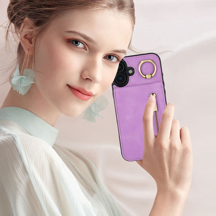 For iPhone 16 Plus Retro Ring and Zipper RFID Card Slot Phone Case(Purple) by buy2fix