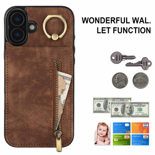 For iPhone 16 Plus Retro Ring and Zipper RFID Card Slot Phone Case(Brown) by buy2fix