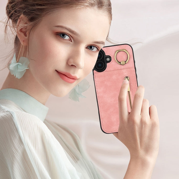 For iPhone 16 Retro Ring and Zipper RFID Card Slot Phone Case(Pink) by buy2fix