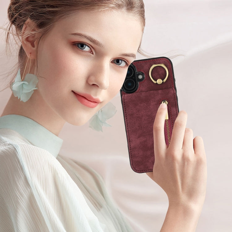 For iPhone 16 Retro Ring and Zipper RFID Card Slot Phone Case(Wine Red) by buy2fix