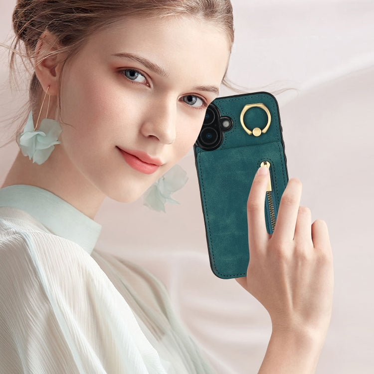 For iPhone 16 Retro Ring and Zipper RFID Card Slot Phone Case(Blue) by buy2fix
