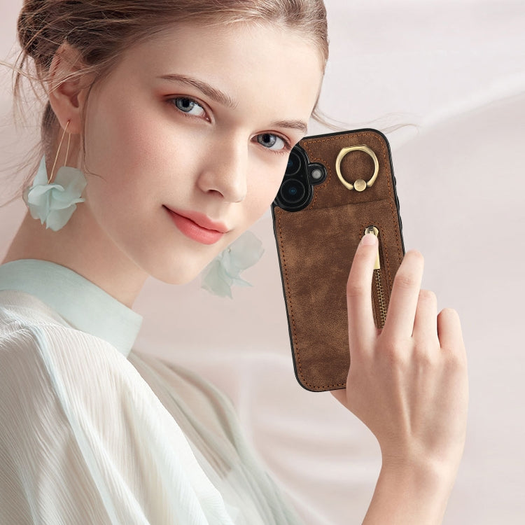 For iPhone 16 Retro Ring and Zipper RFID Card Slot Phone Case(Brown) by buy2fix