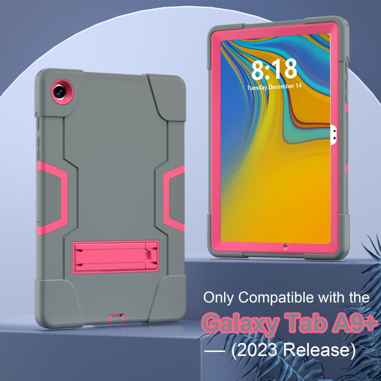For Samsung Galaxy Tab A9+ Contrast Color Silicone PC Tablet Case with Holder(Grey + Rose Red) - Galaxy Tab A9+ by buy2fix | Online Shopping UK | buy2fix