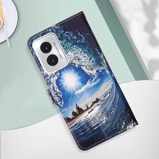 For Motorola Moto G Play 4G 2024 Colored Drawing Pattern Plain Weave Leather Phone Case(Waves And Sun) by buy2fix