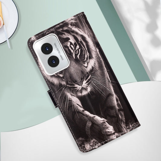 For Motorola Moto G Play 4G 2024 Colored Drawing Pattern Plain Weave Leather Phone Case(Black And White Tiger) by buy2fix